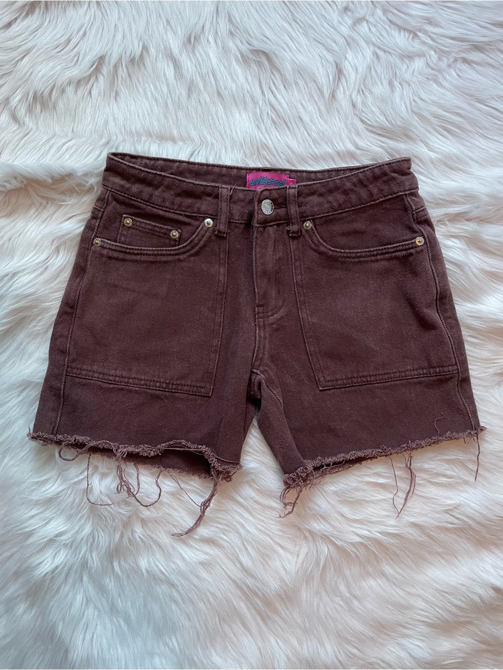 Edikted brown denim boyfriend carpenter shorts women’s XS distressed jean shorts